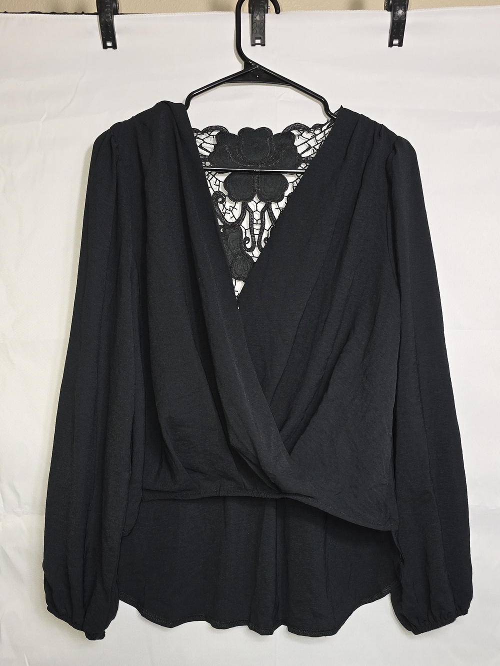 Shein Black Draped Blouse with Lace Back Detail Womens Medium (W724)